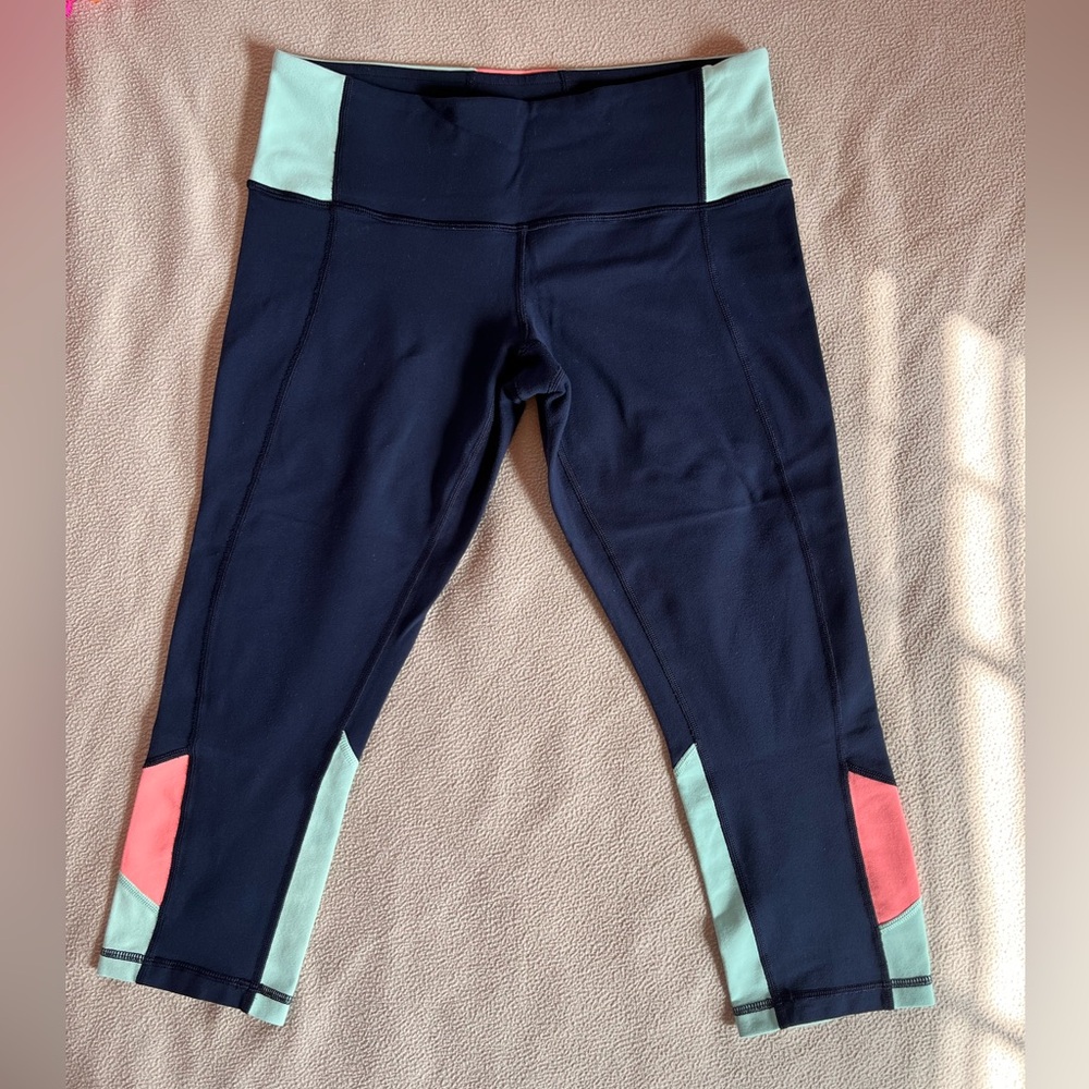 lululemon athletica Navy Capris with Mint and Coral Panels